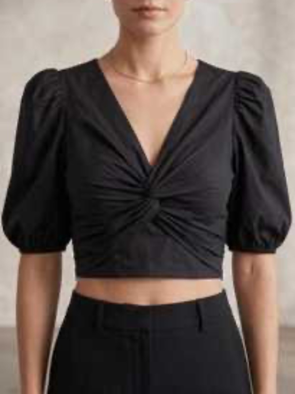 Y2K Black Cotton Twist-Front Puff Sleeve Crop Blouse (XS)